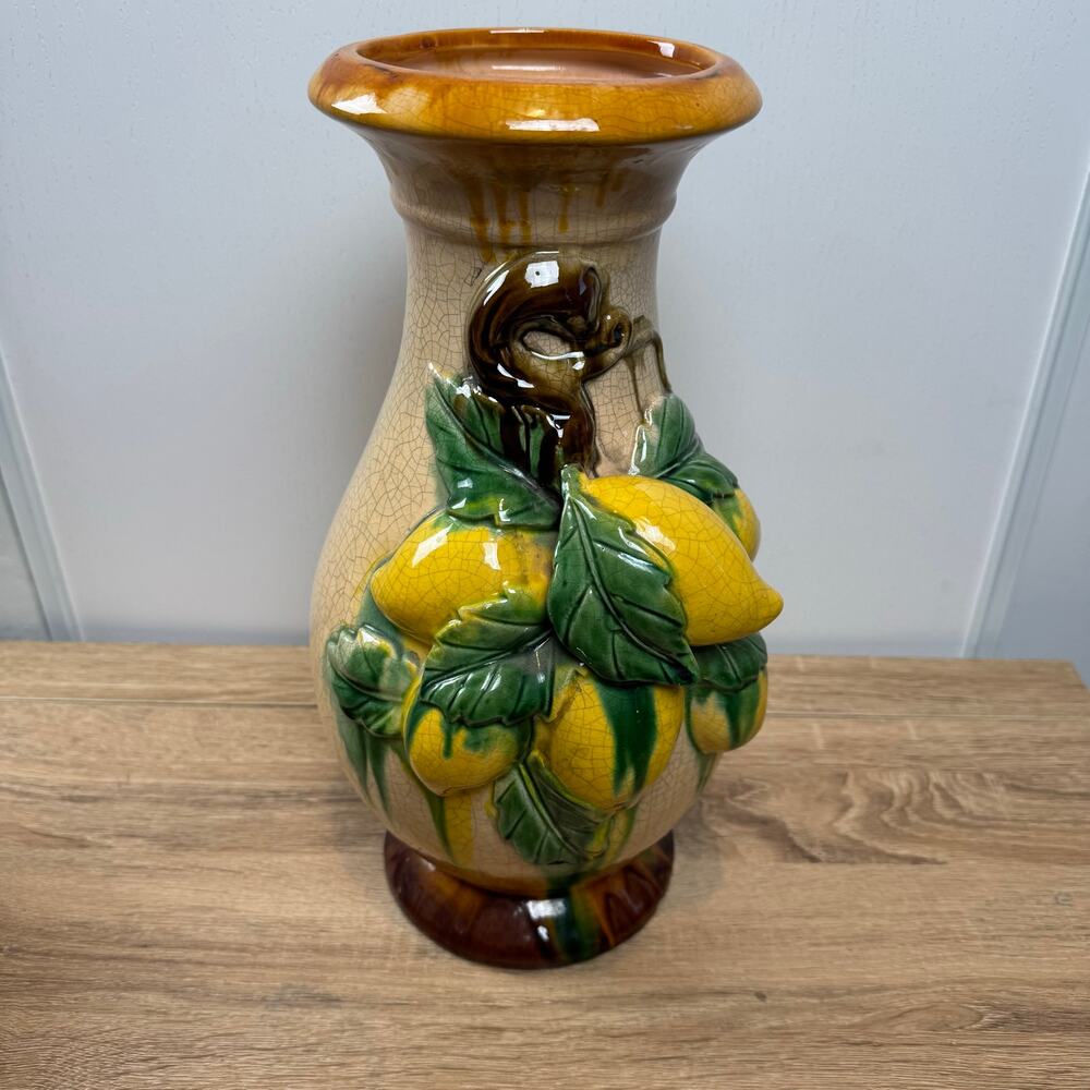 Italian Style 3D Effect Lemons Foliage Cream Colored Crackle Glaze Ceramic Vase